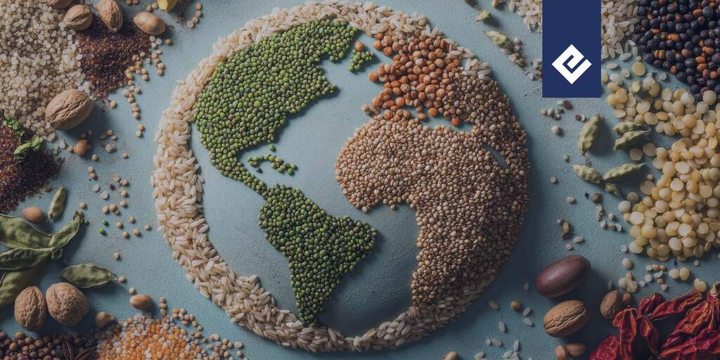 grãos formando o planeta, representando como exportar produtos alimenticios